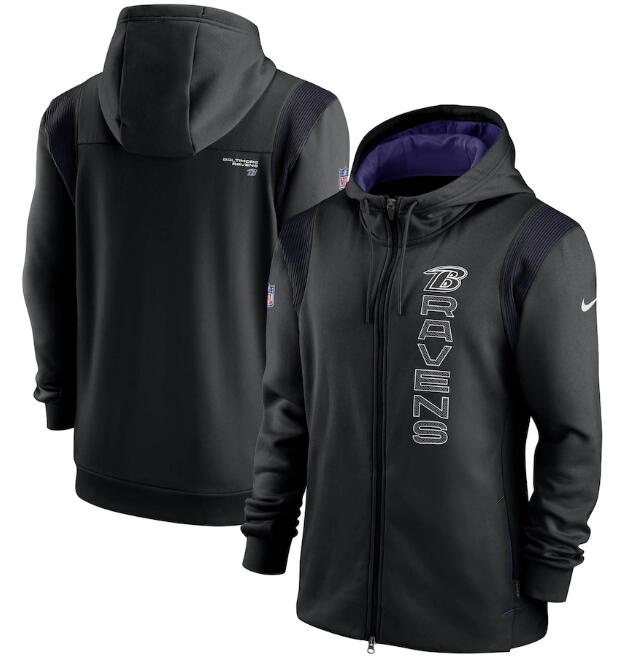 Men's Baltimore Ravens 2021 Black Sideline Team Performance Full-Zip Hoodie Men's Baltimore Ravens 2021 Black Sideline Team Performance Full-Zip Hoodie